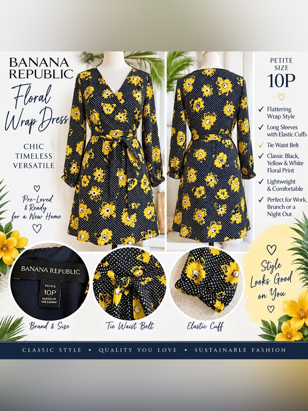 #0375 Banana Republic Petite 10P Yellow Floral Wrap Style Long Sleeve Dress